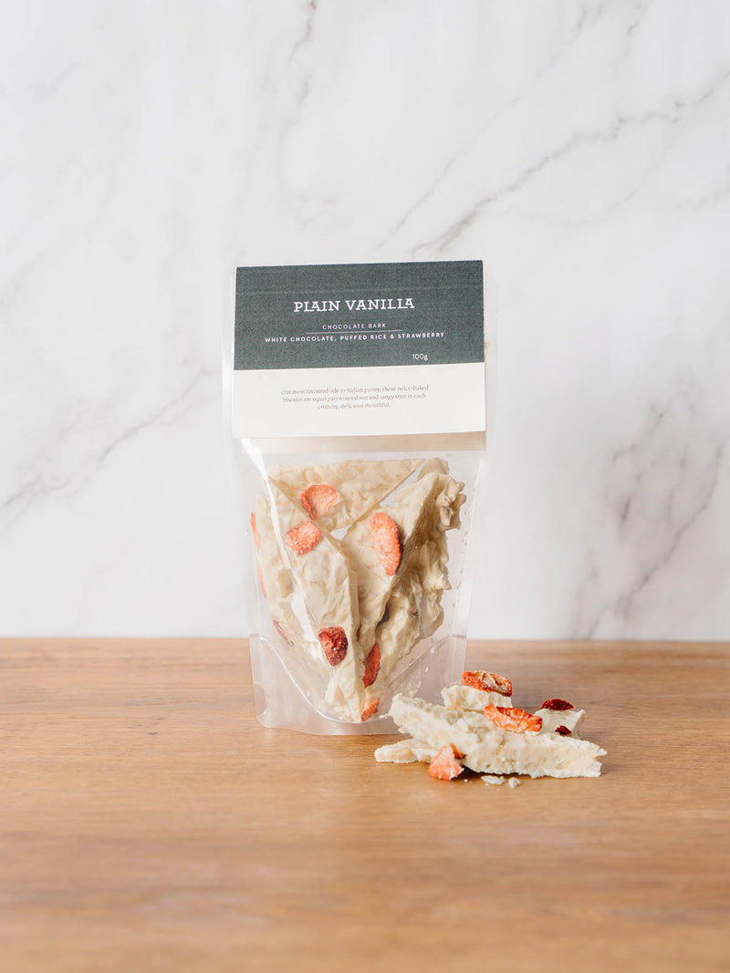 White Chocolate, Puffed Rice, Strawberry Bark