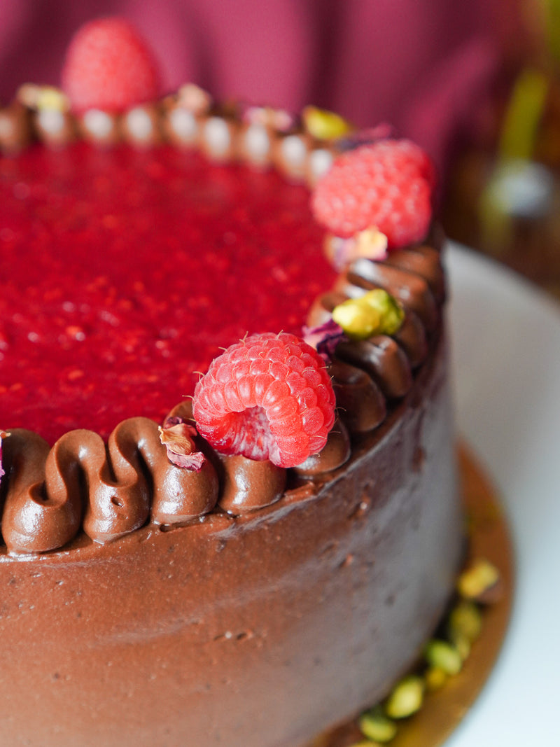 Dark Chocolate Pistachio Raspberry Cake