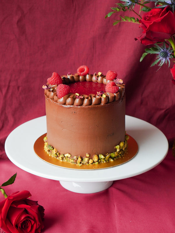 Dark Chocolate Pistachio Raspberry Cake