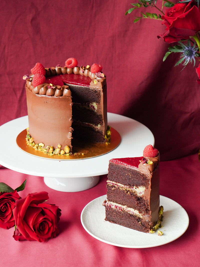 Dark Chocolate Pistachio Raspberry Cake